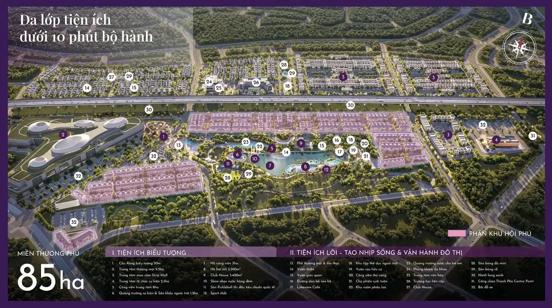 Sơ đồ mặt bằng đa lớp tiện ích dưới 10 phút bộ hành - Miền Thương Phú 85ha Thanh Phú Centre Point